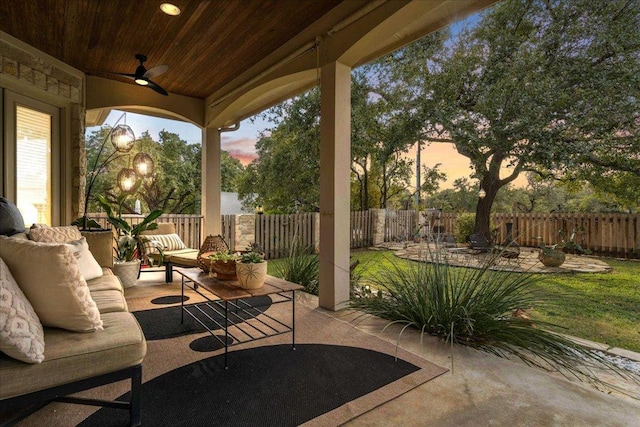 view of patio / terrace featuring an outdoor hangout area, ceiling fan, and fence