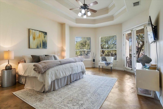 bedroom featuring visible vents, baseboards, a tray ceiling, ornamental molding, and access to outside