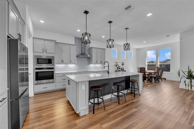 kitchen featuring light wood-type flooring, visible vents, a kitchen breakfast bar, stainless steel appliances, and light countertops