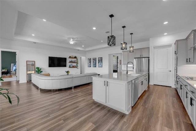 kitchen with a ceiling fan, gray cabinets, open floor plan, appliances with stainless steel finishes, and a raised ceiling