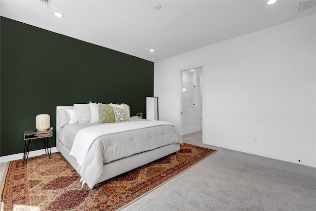 carpeted bedroom with visible vents, recessed lighting, and baseboards