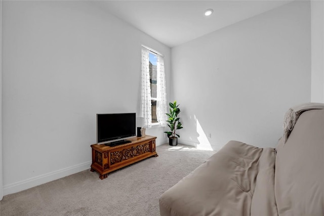 sitting room featuring recessed lighting, baseboards, and carpet flooring