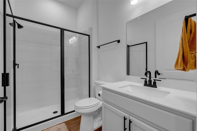 full bathroom featuring vanity, toilet, and a stall shower