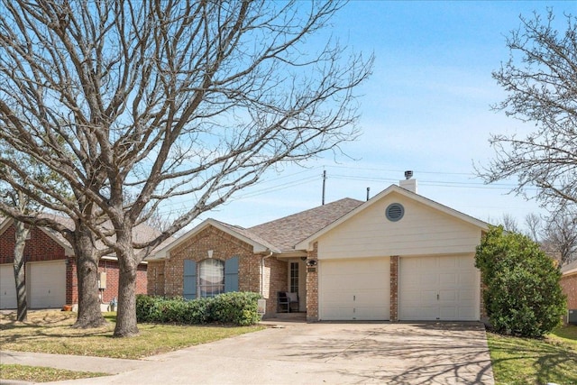 ranch-style house featuring brick siding, concrete driveway, an attached garage, and a shingled roof