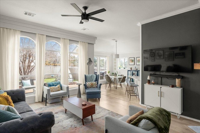 living area featuring ceiling fan, visible vents, light wood-type flooring, and ornamental molding