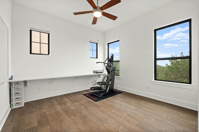 workout room with baseboards, ceiling fan, and wood finished floors