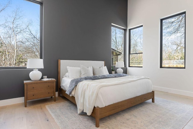 bedroom featuring light wood-style floors and baseboards