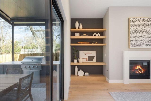 interior space with a glass covered fireplace, plenty of natural light, wood finished floors, and baseboards