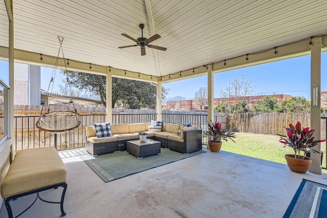 view of patio / terrace with ceiling fan, a fenced backyard, and outdoor lounge area