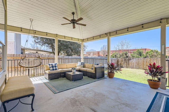 4218 N Summercrest Loop, Round Rock, TX 78681 - view of patio / terrace with a ceiling fan, an outdoor living space, and a fenced backyard