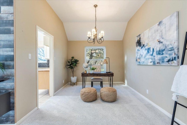 carpeted office with baseboards, an inviting chandelier, and vaulted ceiling