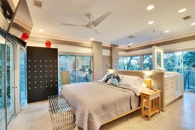 bedroom with recessed lighting, visible vents, and concrete flooring