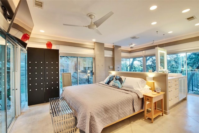bedroom with recessed lighting, visible vents, and access to exterior