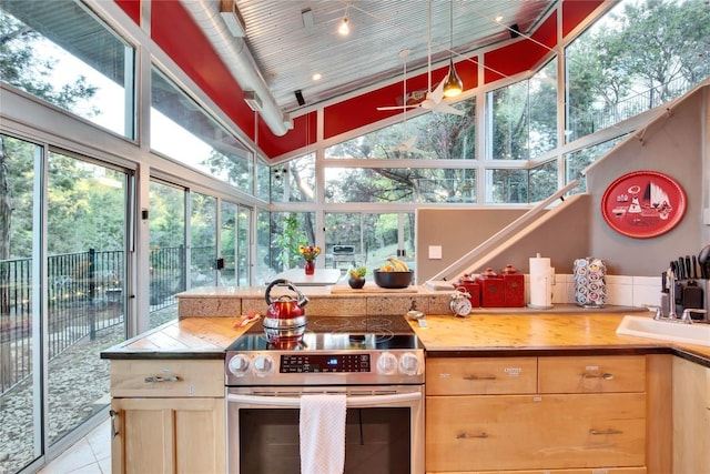 kitchen with stainless steel electric range oven, a healthy amount of sunlight, a sink, and a high ceiling