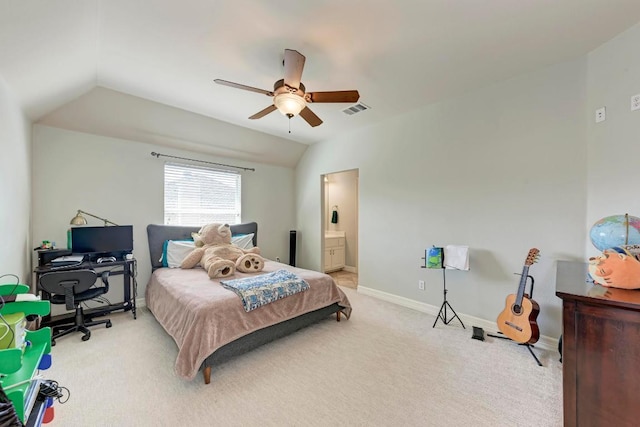 bedroom featuring visible vents, baseboards, lofted ceiling, light carpet, and a ceiling fan