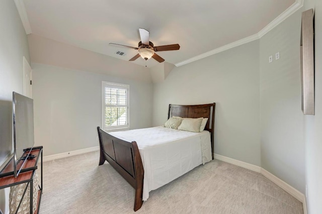 bedroom with a ceiling fan, baseboards, visible vents, light carpet, and crown molding