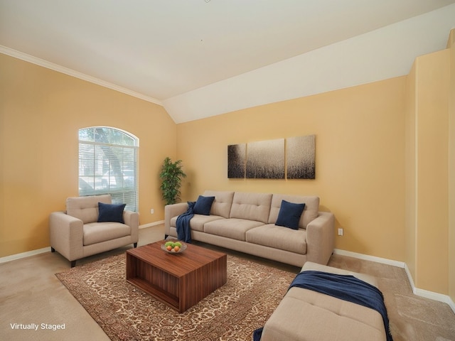 carpeted living room featuring baseboards, lofted ceiling, and ornamental molding