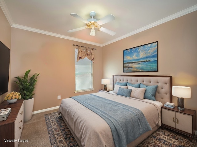 carpeted bedroom with ceiling fan, crown molding, and baseboards