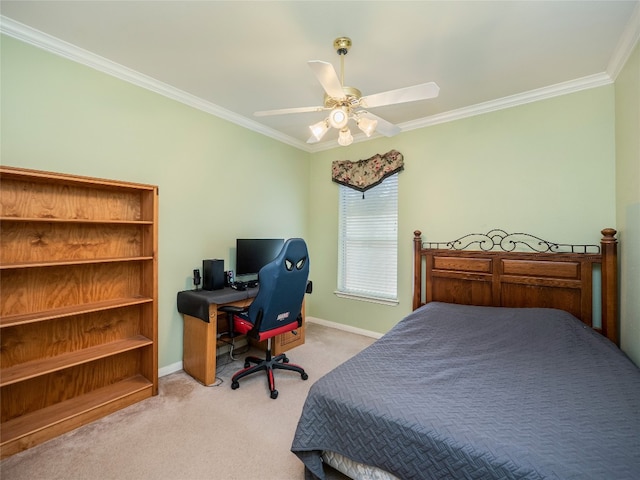 bedroom featuring light carpet, baseboards, ceiling fan, and ornamental molding