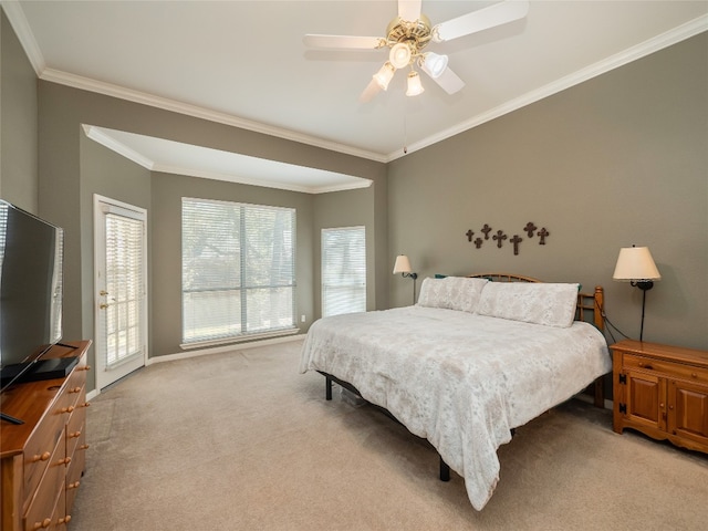 bedroom with light carpet, ornamental molding, a ceiling fan, access to outside, and baseboards