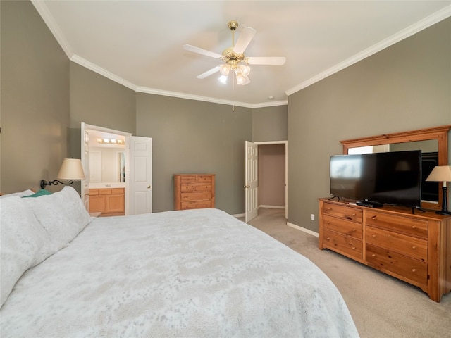 bedroom featuring a ceiling fan, baseboards, light colored carpet, and crown molding