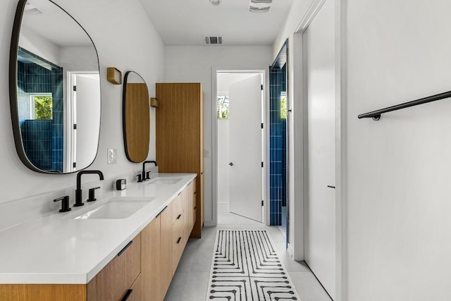 full bath with double vanity, a healthy amount of sunlight, and a sink