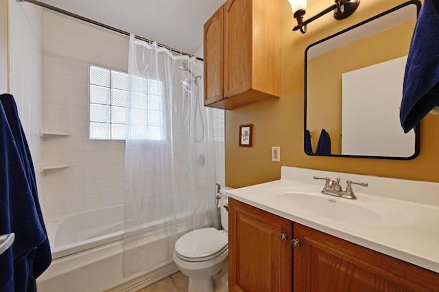 bathroom featuring toilet, shower / bath combo, vanity, and tile patterned flooring