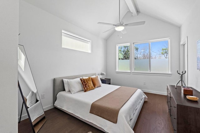 bedroom with dark wood finished floors, ceiling fan, vaulted ceiling with beams, and baseboards