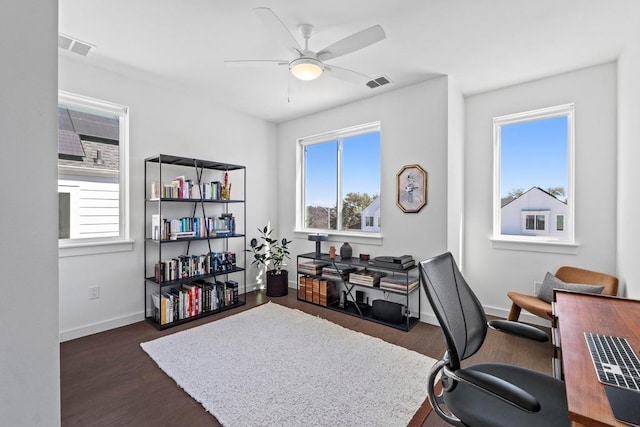 home office with visible vents, baseboards, a ceiling fan, and dark wood-style flooring