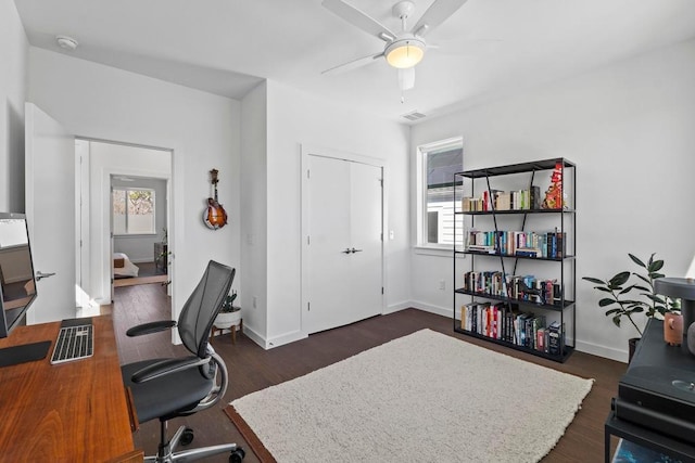 office with visible vents, a healthy amount of sunlight, ceiling fan, and dark wood finished floors