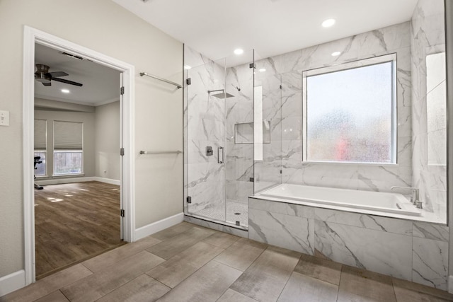 full bathroom with a garden tub, recessed lighting, a marble finish shower, and wood tiled floor