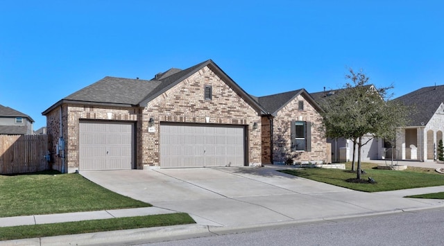 french country style house featuring driveway, a front lawn, fence, a garage, and brick siding