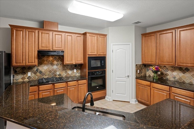 157 Mcgarity, Kyle, TX 78640 - kitchen featuring black appliances, a sink, under cabinet range hood, backsplash, and dark stone counters