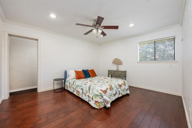 bedroom featuring ceiling fan, baseboards, ornamental molding, recessed lighting, and wood finished floors