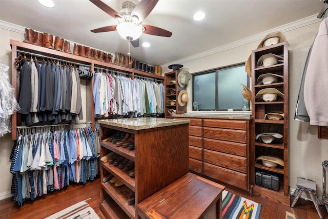 spacious closet with wood finished floors and ceiling fan