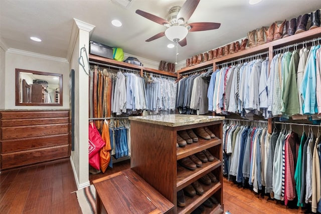 spacious closet featuring a ceiling fan, wood finished floors, and visible vents