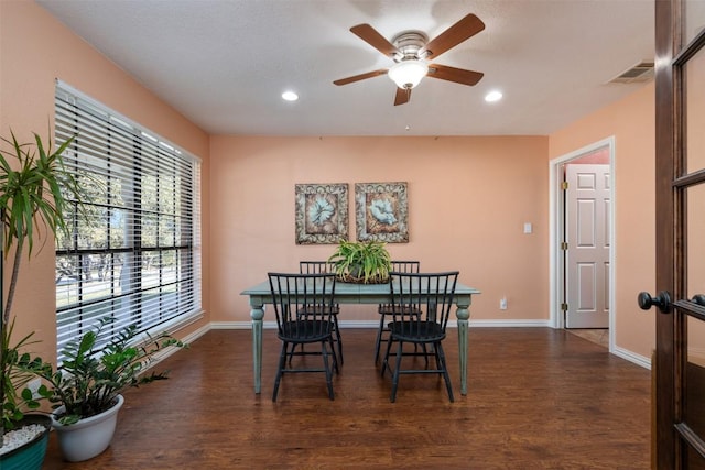 dining room with ceiling fan, visible vents, baseboards, and dark wood-style floors