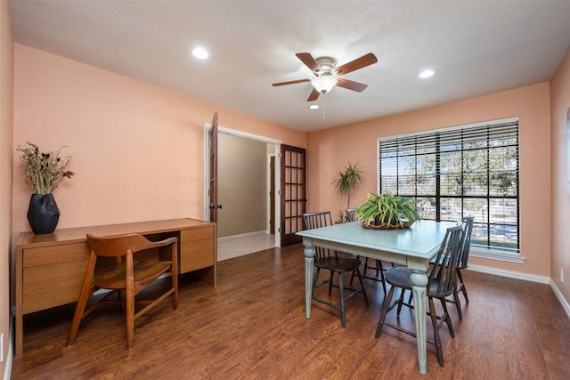 dining room with recessed lighting, baseboards, dark wood-style flooring, and ceiling fan