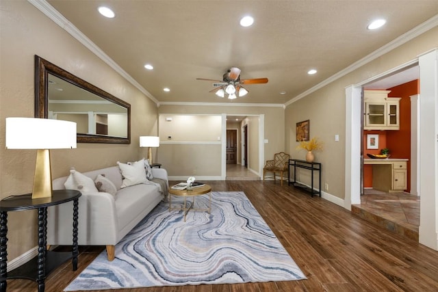 living room with recessed lighting, a ceiling fan, and wood finished floors