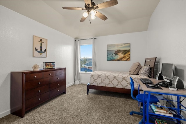 bedroom with baseboards, ceiling fan, and carpet flooring