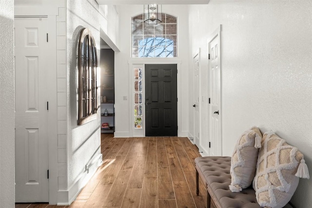 entrance foyer with a wealth of natural light, baseboards, light wood-type flooring, and a high ceiling