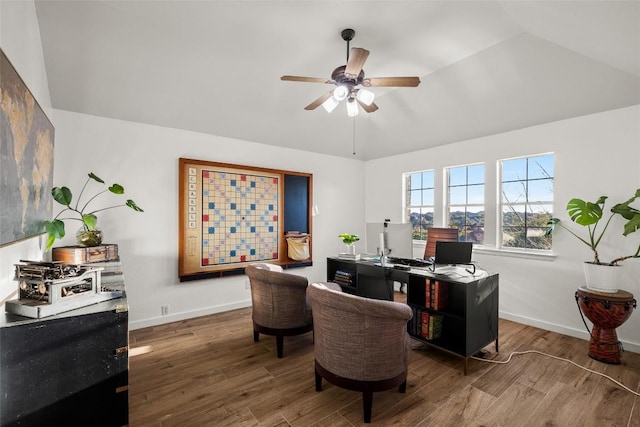 home office with baseboards, ceiling fan, and wood finished floors