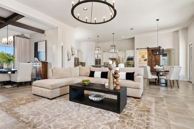 living area with beamed ceiling, visible vents, recessed lighting, arched walkways, and a chandelier