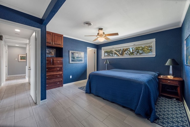 bedroom featuring crown molding, baseboards, and visible vents