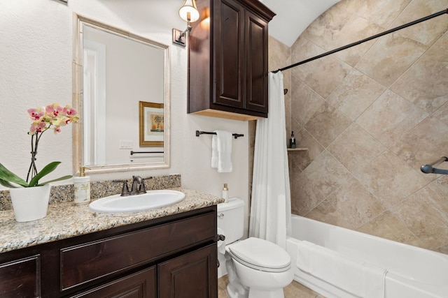 full bath with vanity, toilet, and shower / tub combo with curtain