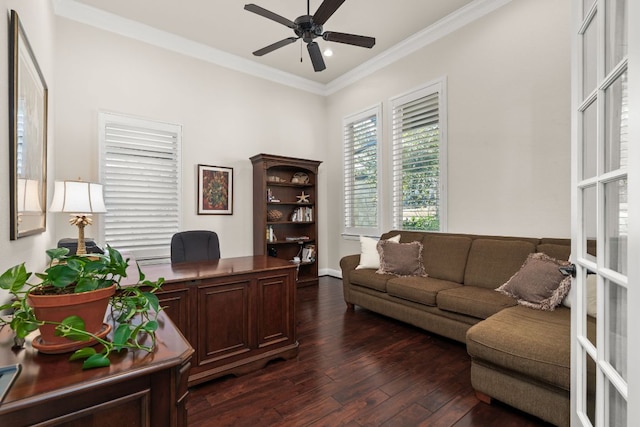 office area with ceiling fan, dark wood-style flooring, and crown molding