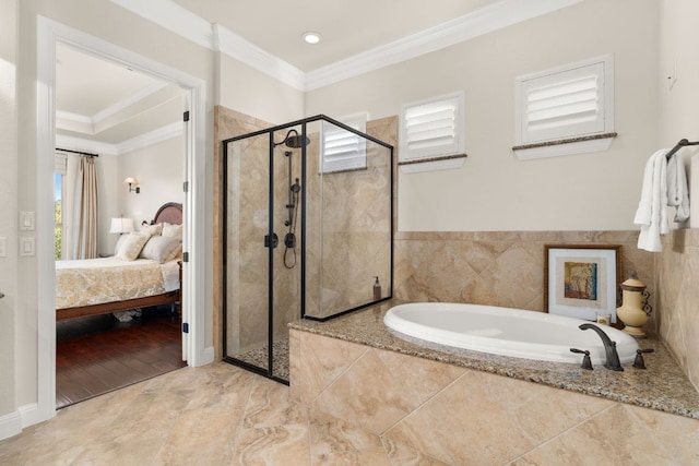908 Crestone Stream Dr, Austin, TX 78738 - ensuite bathroom featuring a bath, ornamental molding, and a stall shower