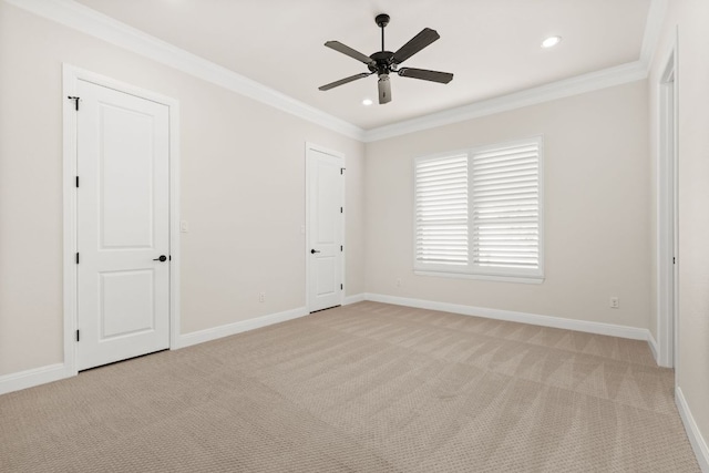 908 Crestone Stream Dr, Austin, TX 78738 - unfurnished bedroom with light colored carpet, recessed lighting, ornamental molding, and ceiling fan