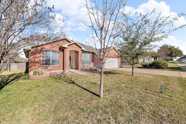 single story home featuring a front lawn, driveway, fence, a garage, and brick siding