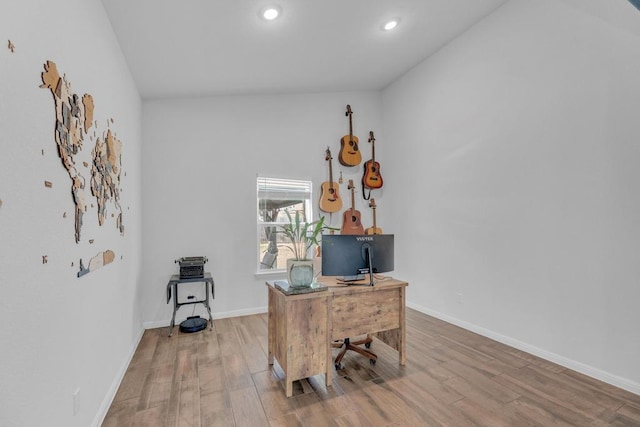 office with recessed lighting, baseboards, and wood finished floors